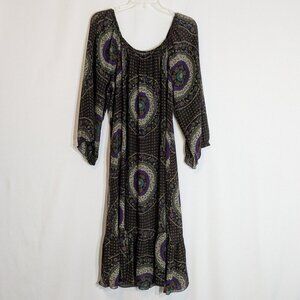 Multi-Colored Semi-Sheer Chiffon Boho Peasant Midi Dress; Size L-XL